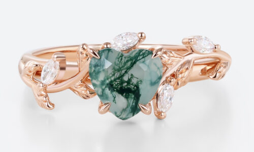 Heart Cut Moss Agate Ring​ 0.8ct Nature-Inspired Ring Vine Bridal Ring in Rose Gold