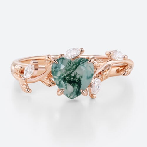 Heart Cut Moss Agate Ring 0.8ct Nature-Inspired Ring Vine Bridal Ring in Rose Gold