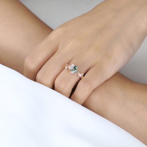 Heart Cut Moss Agate Ring 0.8ct Nature-Inspired Ring Vine Bridal Ring in Rose Gold