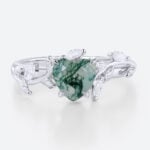 Heart Cut Moss Agate Ring​ 0.8ct Nature-Inspired Ring Vine Bridal Ring in White Gold