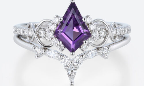 1ct Kite Cut Amethyst Engagement Ring Set Infinity-Inspired Bridal Ring Set in White Gold