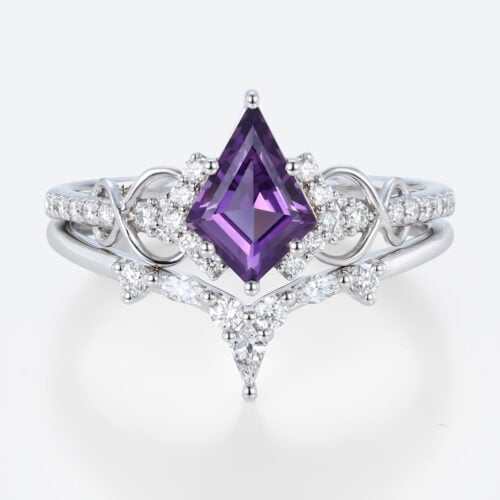 1ct Kite Cut Amethyst Engagement Ring Set Infinity-Inspired Bridal Ring Set in White Gold