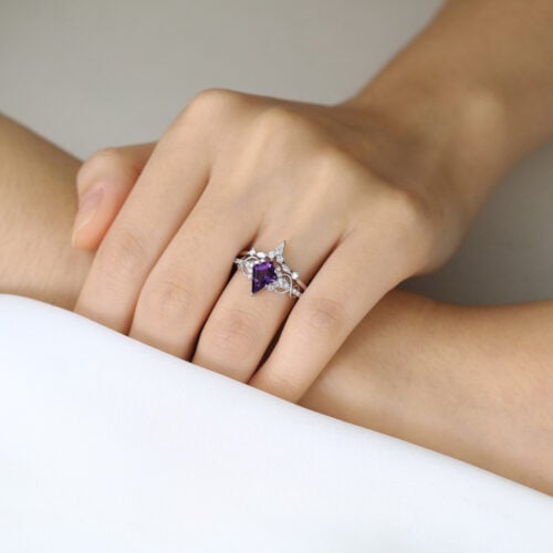 1ct Kite Cut Amethyst Engagement Ring Set Infinity-Inspired Bridal Ring Set in White Gold