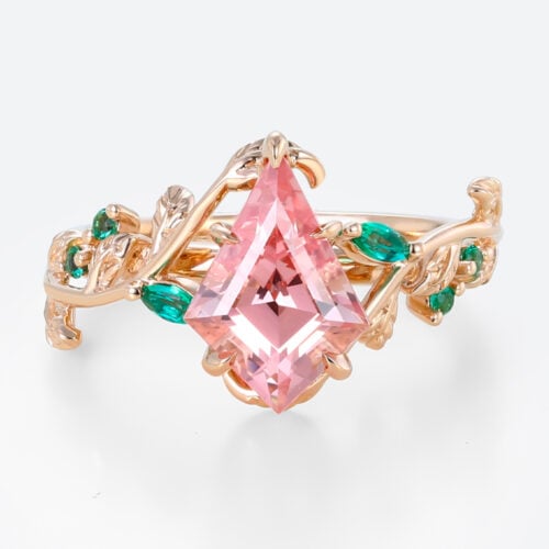 Kite Cut Nature-Inspired Pink Sapphire Ring with Emerald Leaf Accents in Rose Gold