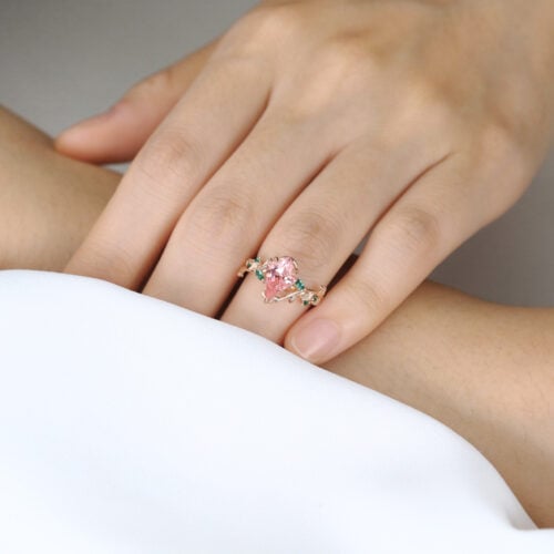 Kite Cut Nature-Inspired Pink Sapphire Ring with Emerald Leaf Accents in Rose Gold