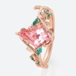 Kite Cut Nature-Inspired Pink Sapphire Ring with Emerald Leaf Accents in Rose Gold