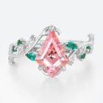 Kite Cut Nature-Inspired Pink Sapphire Ring with Emerald Leaf Accents in White Gold
