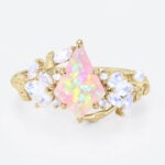 Kite Cut Pink Opal Ring​ Moonstone Nature Inspired Bridal Rings in Yellow Gold