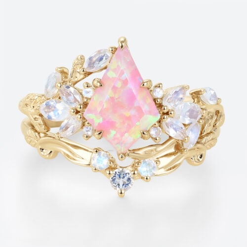 Kite Cut Pink Opal Ring Set 0.8ct Nature Inspired Engagement Ring with Curved Wedding Band Set in Yellow Gold