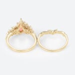 Kite Cut Pink Opal Ring​ Set 0.8ct Nature Inspired Engagement Ring with Curved Wedding Band Set in Yellow Gold