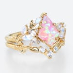 Kite Cut Pink Opal Ring​ Set 0.8ct Nature Inspired Engagement Ring with Curved Wedding Band Set in Yellow Gold