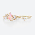Kite Cut Pink Opal Ring​ Set 0.8ct Nature Inspired Engagement Ring with Curved Wedding Band Set in Yellow Gold