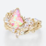 Kite Cut Pink Opal Ring​ Set 0.8ct Nature Inspired Engagement Ring with Curved Wedding Band Set in Yellow Gold
