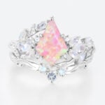 Kite Cut Pink Opal Ring​ Set 0.8ct Nature Inspired Engagement Ring with Curved Wedding Band Set in White Gold