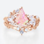 Kite Cut Pink Opal Ring​ Set 0.8ct Nature Inspired Engagement Ring with Curved Wedding Band Set in Rose Gold