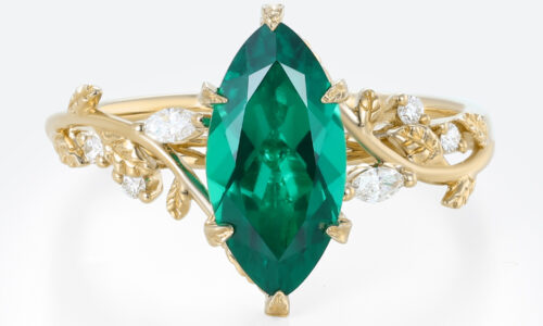 1.6ct Marquise Cut Lab Emerald Engagement Rings Vine-Inspired Ring in Yellow Gold