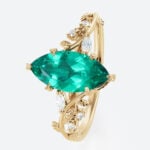 1.6ct Marquise Cut Lab Emerald Engagement Rings Vine-Inspired Ring in Yellow Gold