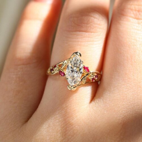 1.5ct Marquise Cut Lab Diamond Ring Nature-Inspired Ruby Accent 6-Prong Engagement Ring in Rose Gold