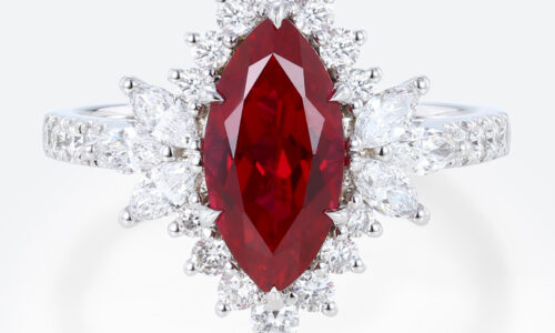 Marquise Cut Lab Ruby Engagement Ring​ with Feather-Inspired Gallery in White Gold
