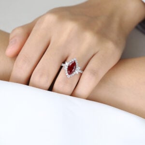 Marquise Cut Lab Ruby Engagement Ring​ with Feather-Inspired Gallery in White Gold