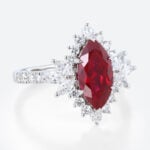 Marquise Cut Lab Ruby Engagement Ring​ with Feather-Inspired Gallery in White Gold