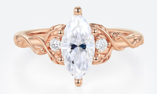 Vine Detail Marquise Moissanite Ring 1ct Three Stone Bridal Ring in Rose Gold