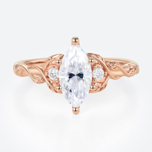 Vine Detail Marquise Moissanite Ring 1ct Three Stone Bridal Ring in Rose Gold