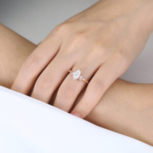 Vine Detail Marquise Moissanite Ring 1ct Three Stone Bridal Ring in Rose Gold