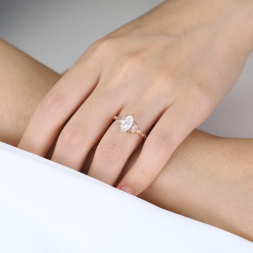 Vine Detail Marquise Moissanite Ring 1ct Three Stone Bridal Ring in Rose Gold
