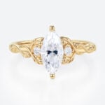 Vine Detail Marquise Moissanite Ring 1ct Three Stone Bridal Ring in Yellow Gold