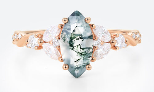 0.9ct Botanical Moss Agate Engagement Ring with Twisted Shank in Rose Gold