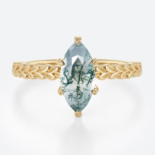 Solitaire Moss Agate Rings 1ct Marquise Cut Ring With Wheat-Style Band in Yellow Gold