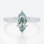 Solitaire Moss Agate Rings 1ct Marquise Cut Ring With Wheat-Style Band in White Gold
