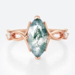 1.7ct Moss Agate Ring​ Marquise Cut Three Stone Engagement Ring With Ribbon-Style Detail in Rose Gold
