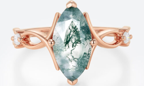 1.7ct Moss Agate Ring​ Marquise Cut Three Stone Engagement Ring With Ribbon-Style Detail in Rose Gold