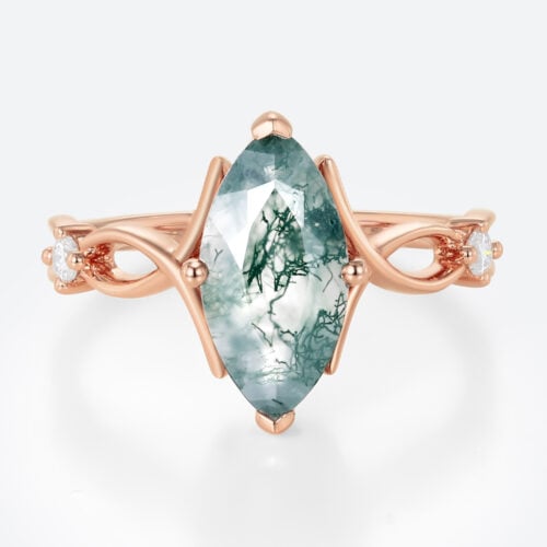 1.7ct Moss Agate Ring​ Marquise Cut Three Stone Engagement Ring With Ribbon-Style Detail in Rose Gold