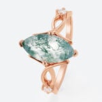 1.7ct Moss Agate Ring​ Marquise Cut Three Stone Engagement Ring With Ribbon-Style Detail in Rose Gold