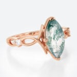 1.7ct Moss Agate Ring​ Marquise Cut Three Stone Engagement Ring With Ribbon-Style Detail in Rose Gold