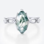 1.7ct Moss Agate Ring​ Marquise Cut Three Stone Engagement Ring With Ribbon-Style Detail in White Gold