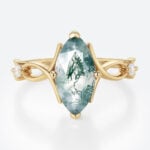 1.7ct Moss Agate Ring​ Marquise Cut Three Stone Engagement Ring With Ribbon-Style Detail in Yellow Gold