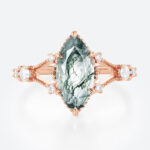 1.7ct Marquise Cut Moss Agate Engagement Ring with Milgrain Detail in Rose Gold