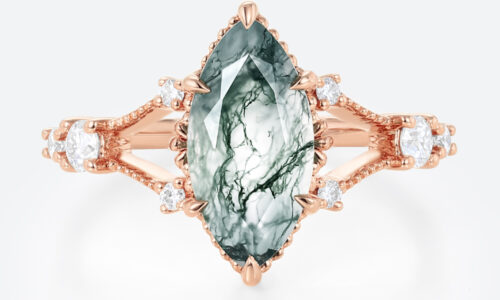1.7ct Marquise Cut Moss Agate Engagement Ring with Milgrain Detail in Rose Gold