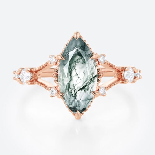 1.7ct Marquise Cut Moss Agate Engagement Ring with Milgrain Detail in Rose Gold