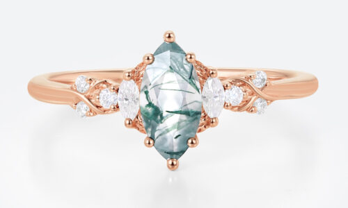 0.5ct Marquise Cut Moss Agate Ring​ Vine-Inspired Engagement Ring in Rose Gold