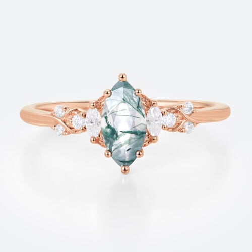 0.5ct Marquise Cut Moss Agate Ring Vine-Inspired Engagement Ring in Rose Gold