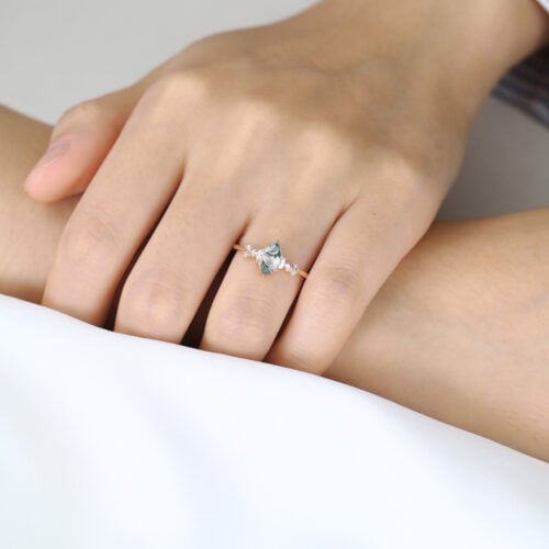 0.5ct Marquise Cut Moss Agate Ring Vine-Inspired Engagement Ring in Rose Gold