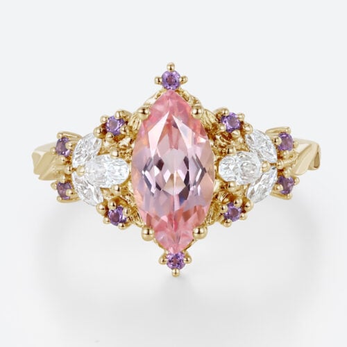 1ct Marquise Cut Pink Sapphire Ring Vintage Floral Inspired Engagement Ring in Yellow Gold