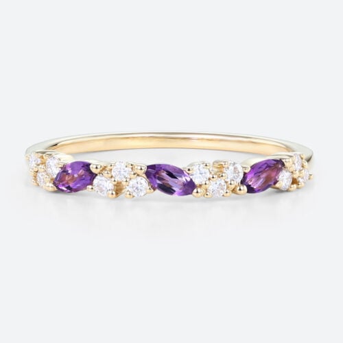 Marquise & Round Cut Amethyst Ring 0.37ct Anniversary Wedding Band in Yellow Gold