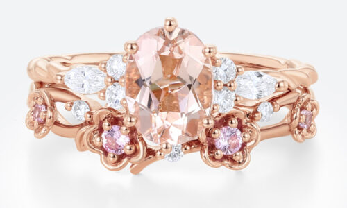 Oval Cut Morganite Engagement Ring Set Twisted Halo Bridal Ring with Floral Stackable Wedding Band in Rose Gold