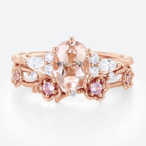 Oval Cut Morganite Engagement Ring Set Twisted Halo Bridal Ring with Floral Stackable Wedding Band in Rose Gold